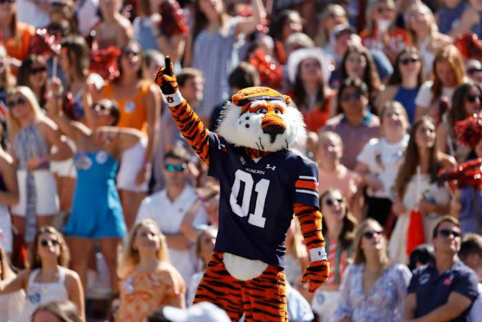 Sep 24, 2022; Auburn, Alabama, USA; Aubie, the Auburn Tigers mascot, leads a cheer before the game against the Missouri Tigers at Jordan-Hare Stadium.